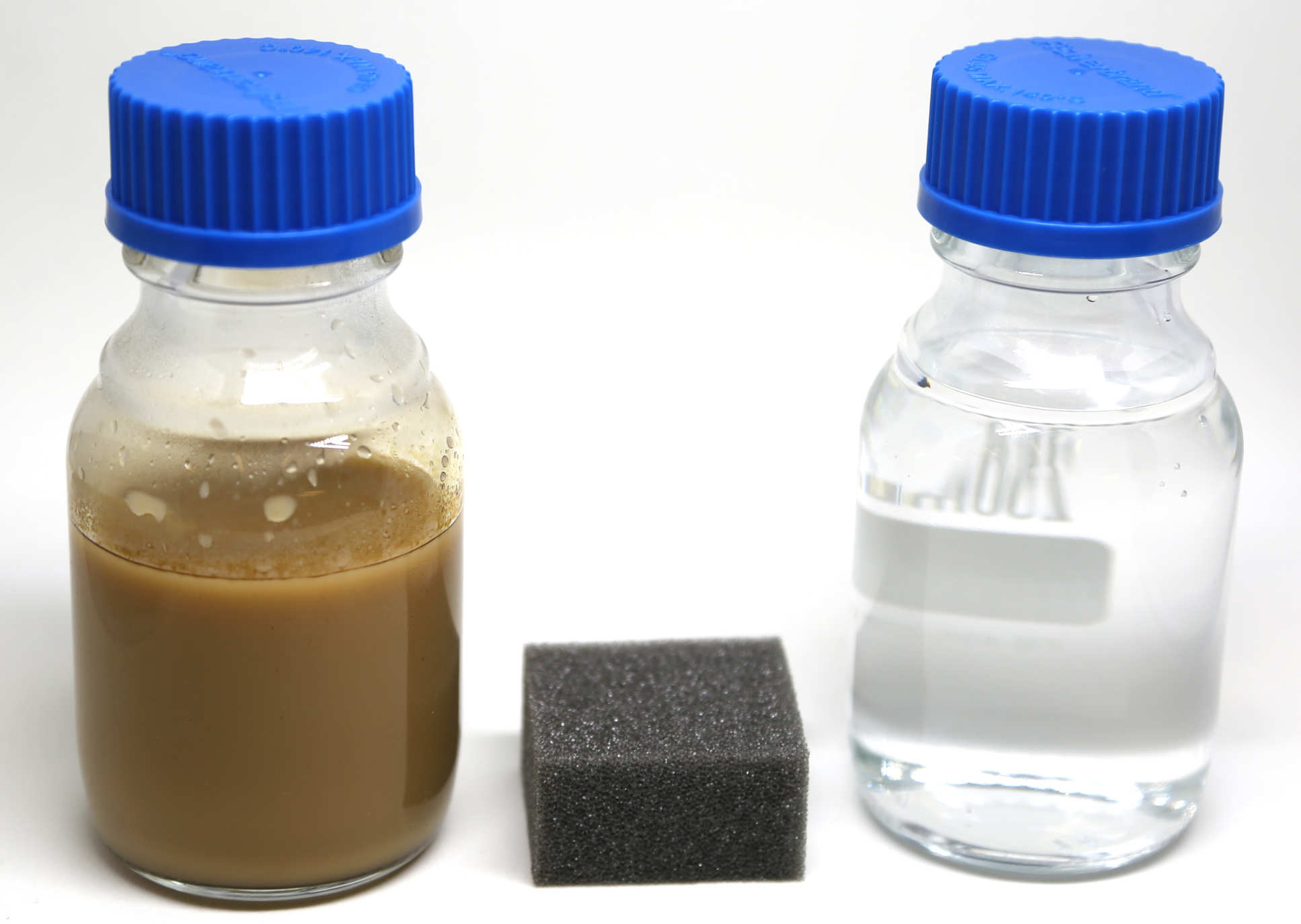 Photo of two bottles - one containing brown liquid, the other containing clear liquid. Between the bottles is a small black sponge.