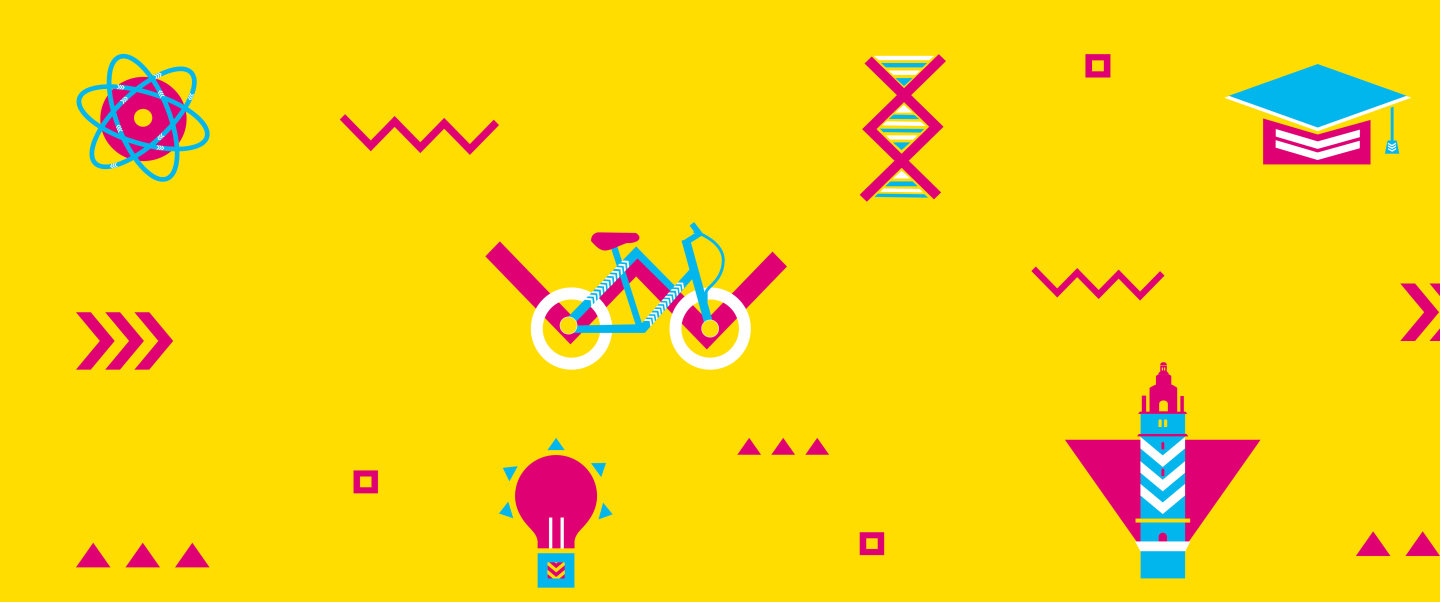 A designed graphic made up of illustrations of books, atoms, lightbulbs, bicycles and the Queen's Tower