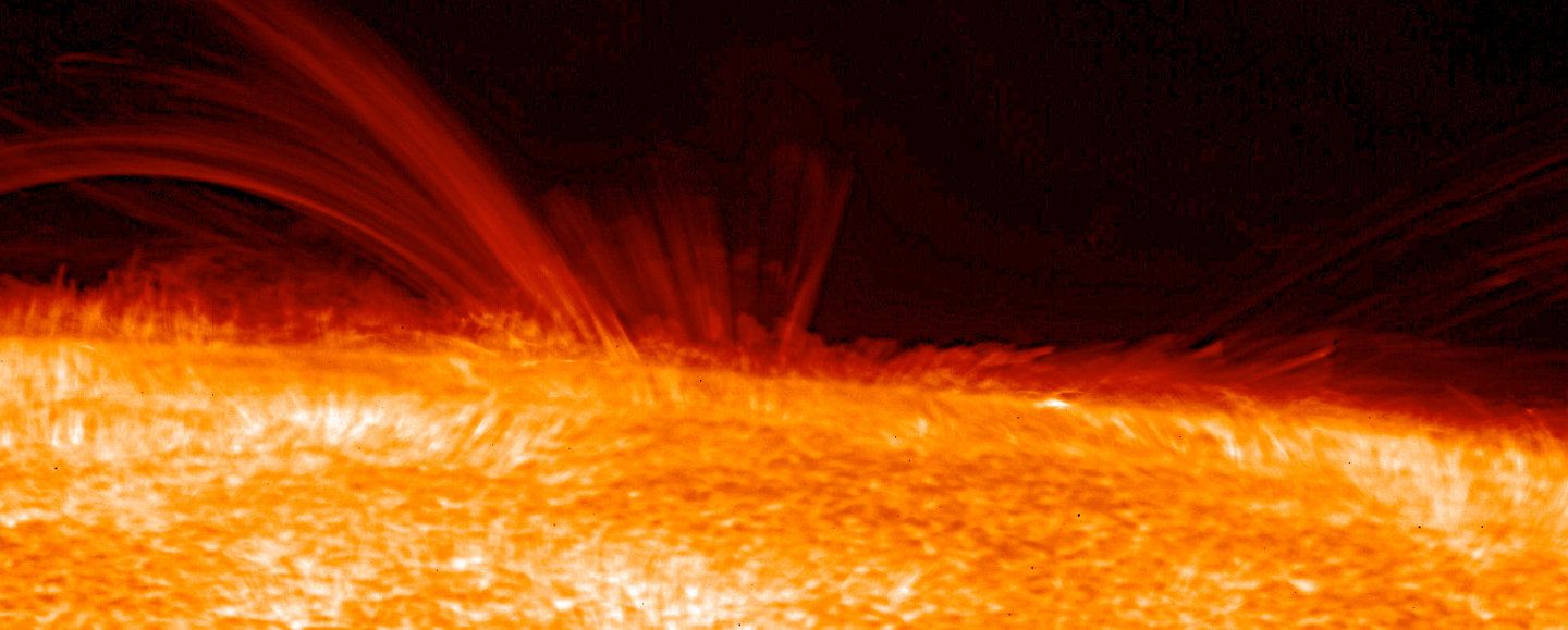 Solar surface/flare: “fine scale structure in the chromosphere that extends outward above the top of the convection cells, or granulation, of the photosphere. The structure results from the interaction of hot ionized gas with the magnetic field. ”Image credit: Hinode JAXA/NASA. http://www.nasa.gov/mission_pages/hinode/solar_019.html