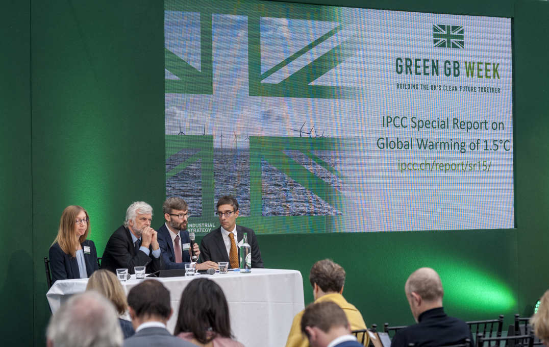 Audience questioned IPCC report authors, (L-R) Prof Rachel Warren, Prof Jim Skea, Dr Joeri Roegl and Professor Piers Forster