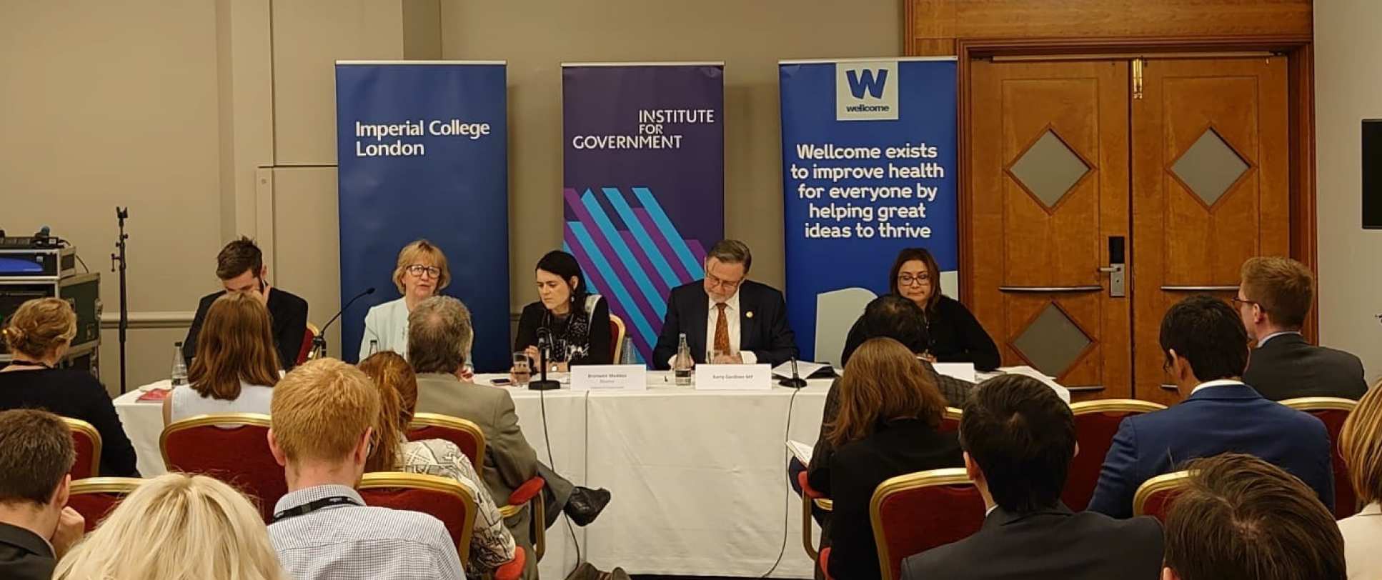 Pannelists from left: Joe Owen (Institute for Government), Prof Maggie Dallman (Imperial), Bronwen Maddox (Institute for Government), Barry Gardiner MP, Ayesha Hazarika (journalist)