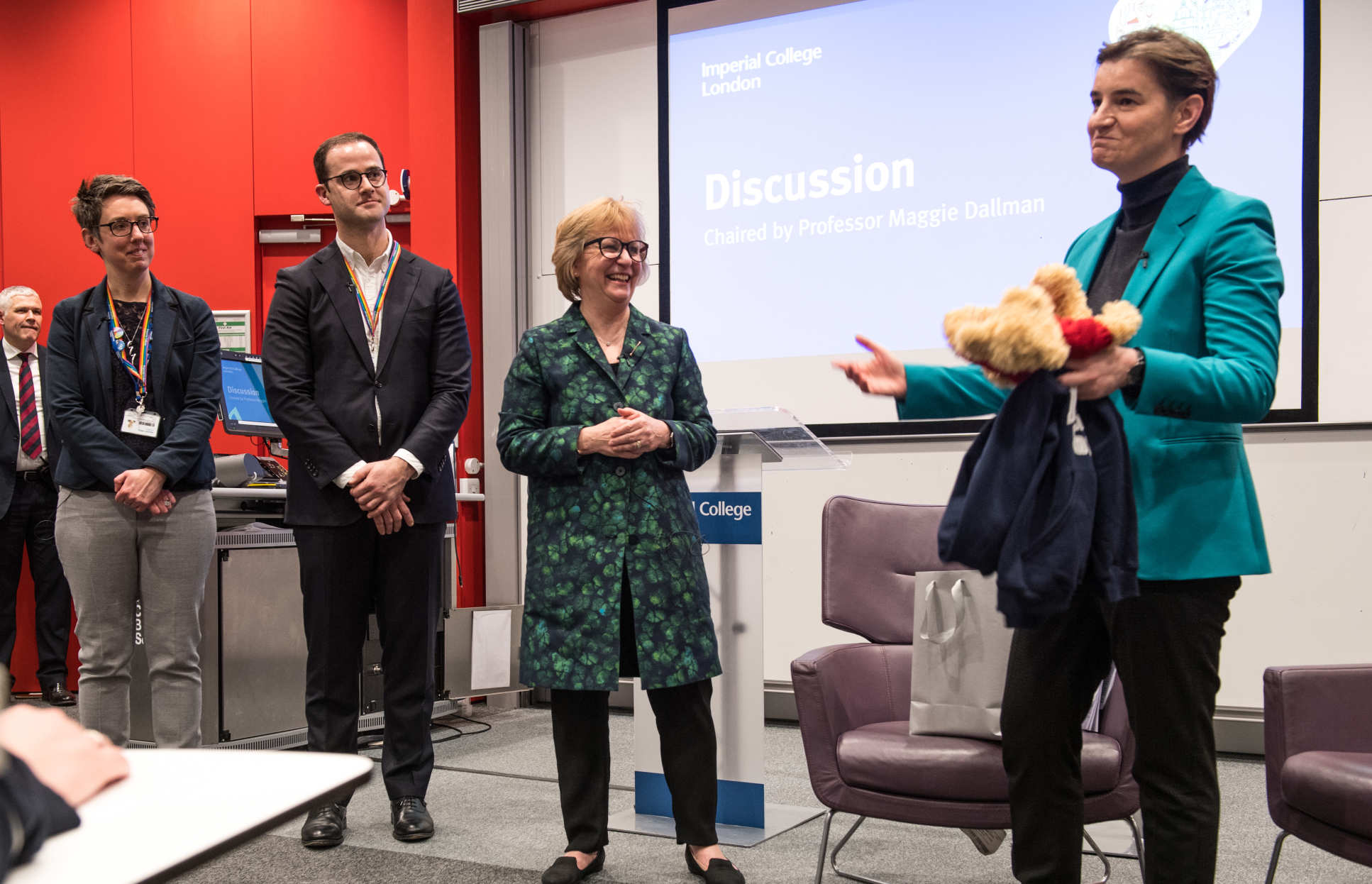 Co-Chairs of Imperial 600 Jo?l McConnell and Caz Ulley presented the Prime Minister with a teddy bear and jumper for her young son.