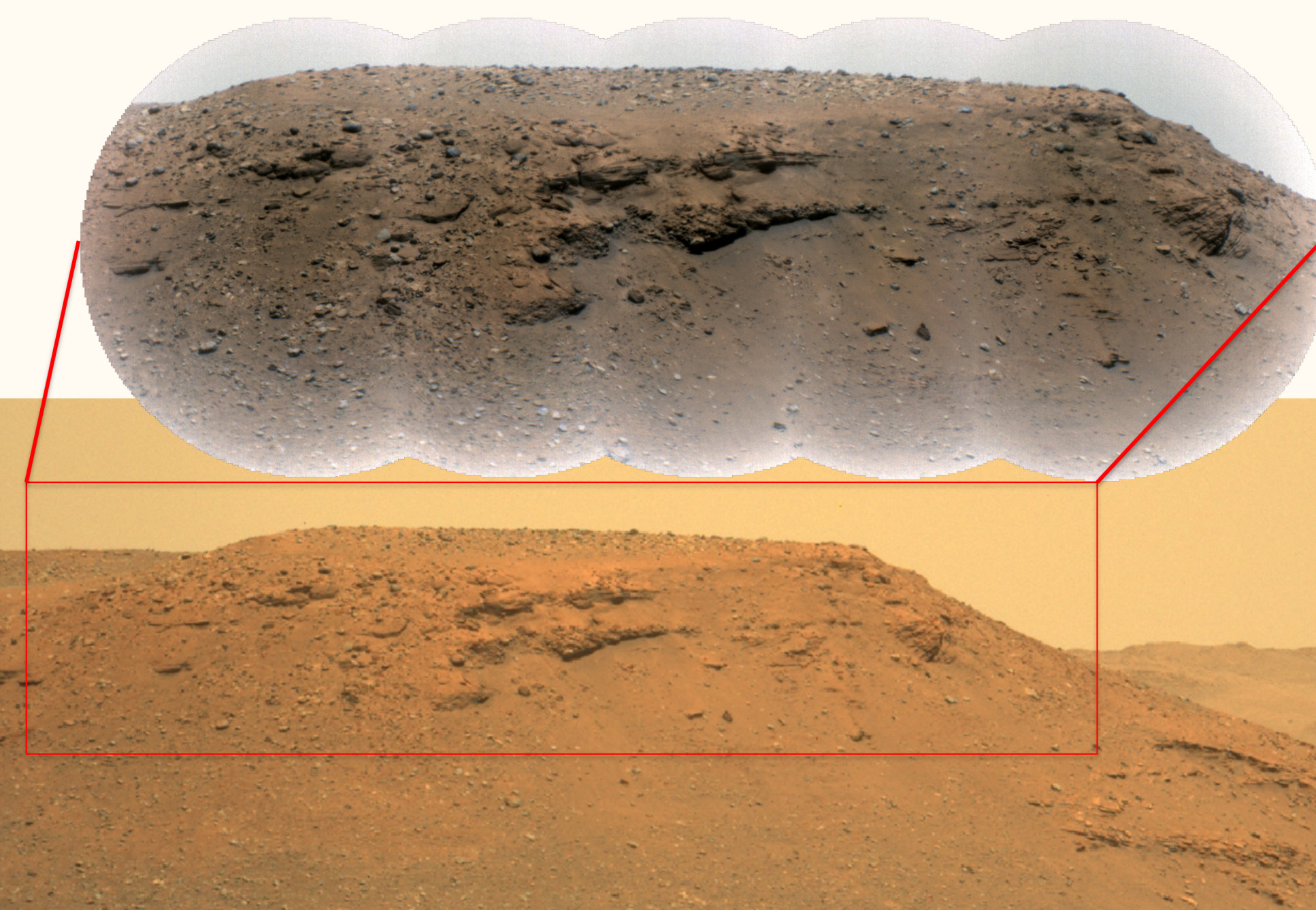 Photo showing the Delta Scarp. Looks like a rocky hill with the boulders on top containing flood deposits