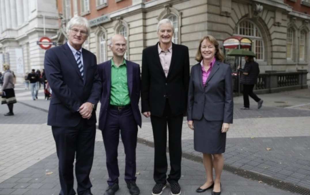 Photo of Sir James with Former Dean of Engineering Jeff Magee, Peter Childs, and Alice Gast outside the building in 2015