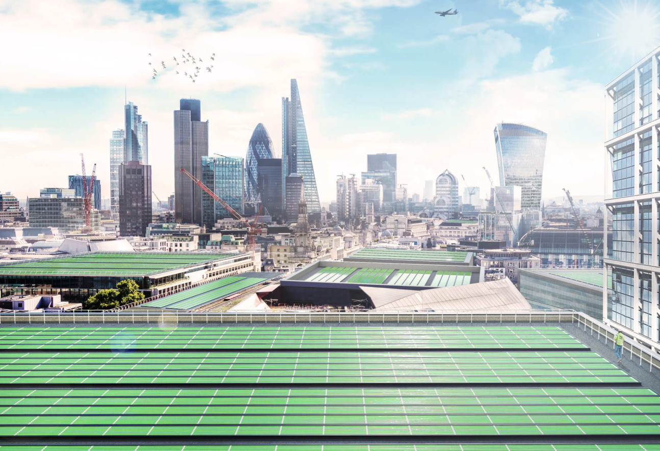 Artist impression of green Arborea panels on London roofs. The skyline of the City of London can be seen in the background