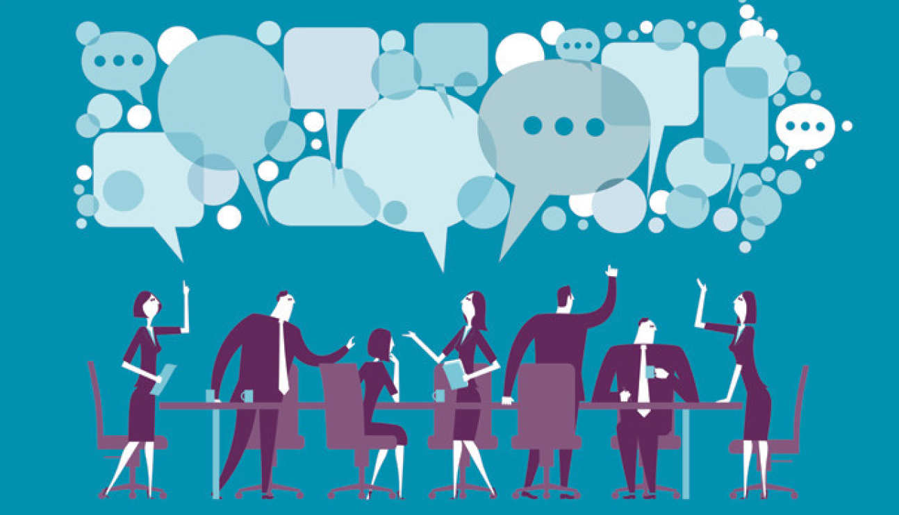 An illustration of people and lots of speech bubbles