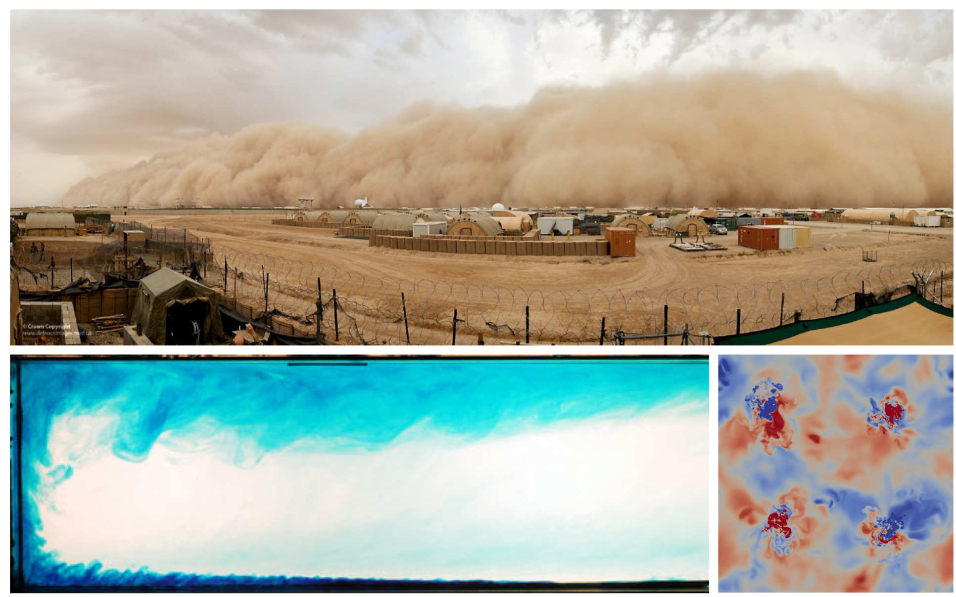 [Top] Dust storm in Afghanistan, [Bottom-left] Horizontal convection produced by the differential heating of a horizontal boundary condition, [Bottom-right] A horizontal slice though a confined space heated and cooled by isolated sources of buoyancy.  