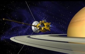 An illustration of the Cassini probe navigating around Saturn