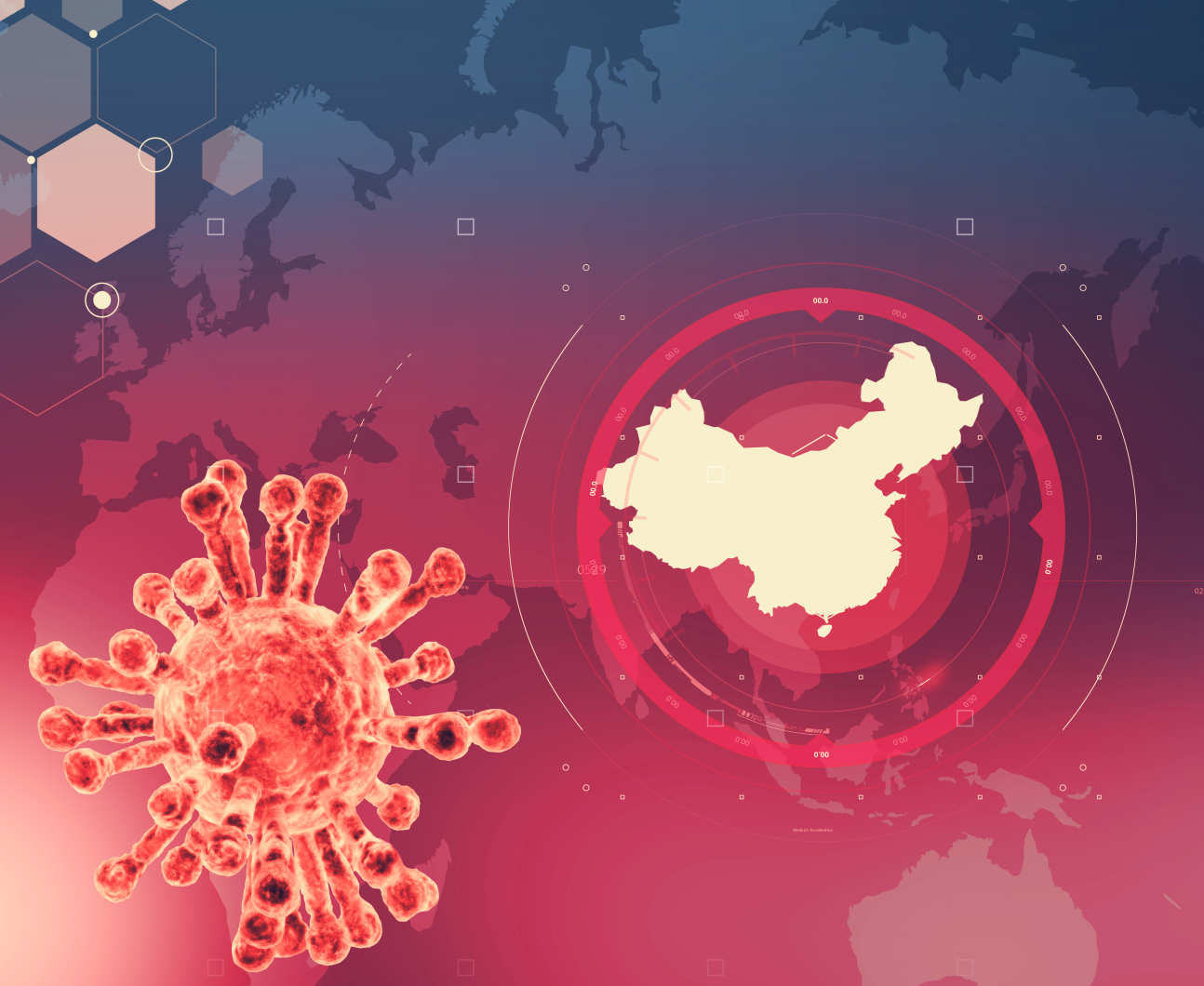 An illustration of a coronavirus and a satellite image of China