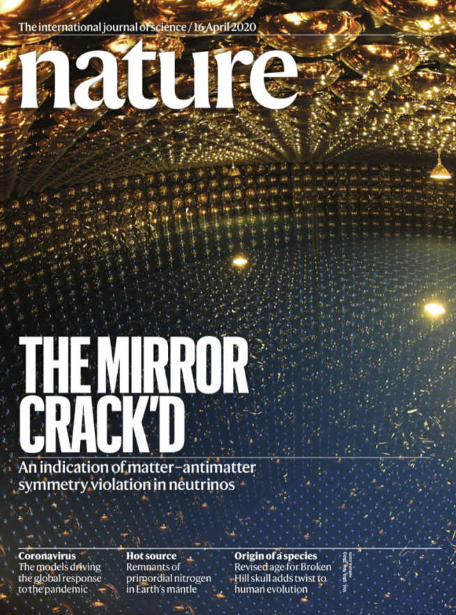 The cover of Nature with a picture of the Super-K detector and the headline 'The Mirror Crack'd'