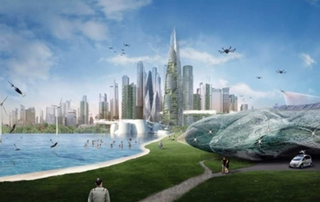 Illustration of future city, with skyscrapers and drones roaming freely