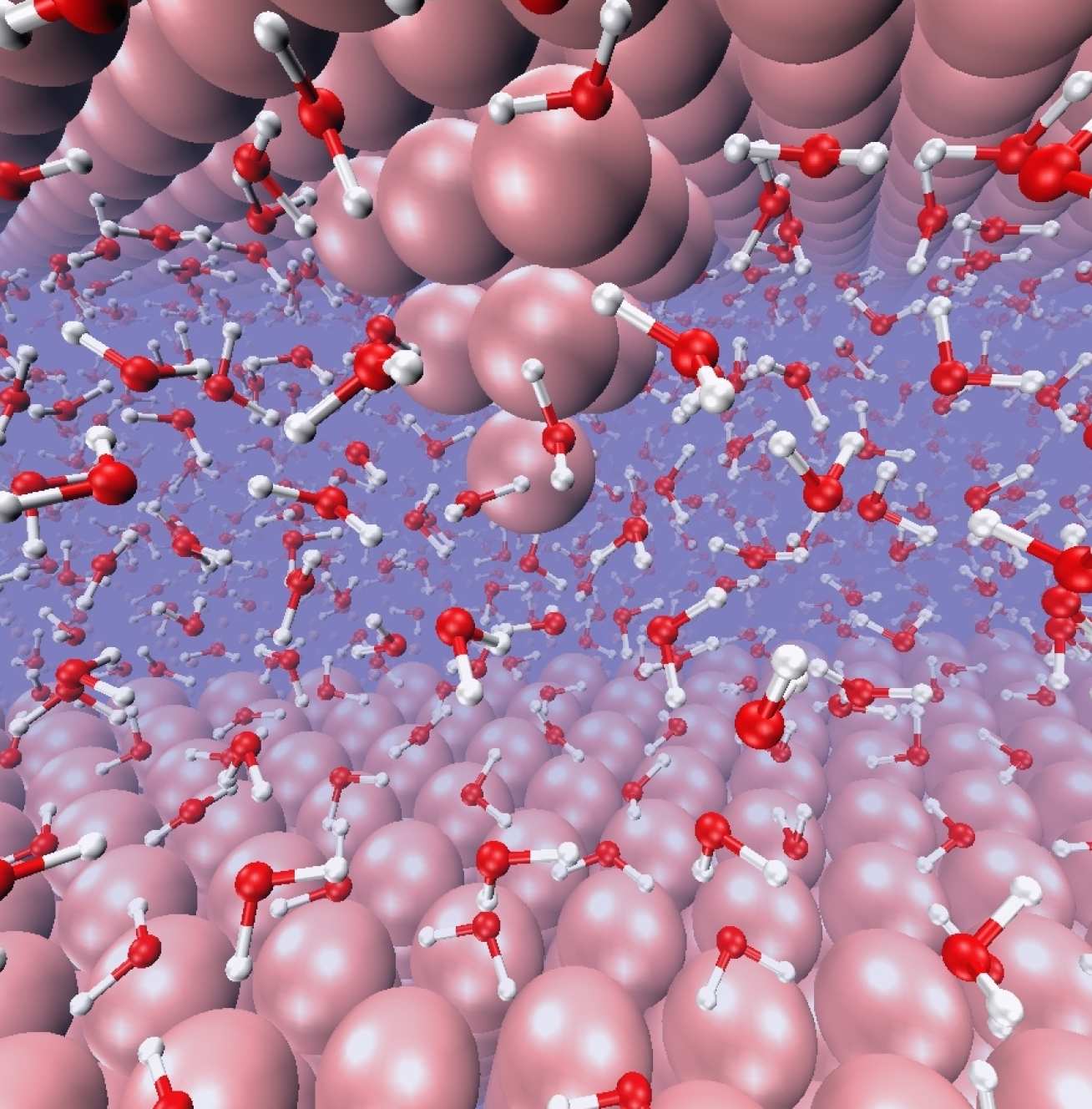 Red and white molecules between two layers of aligned balls
