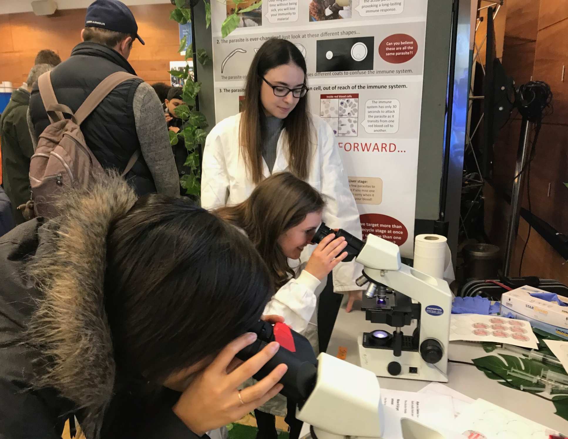 Members of the public look at blood smears through a microscope
