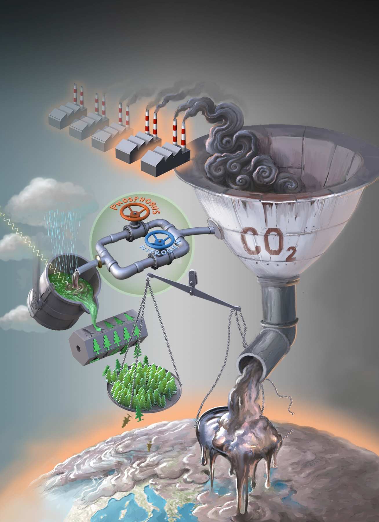 Illustration of CO2 from factories either going into making trees or polluting the Earth