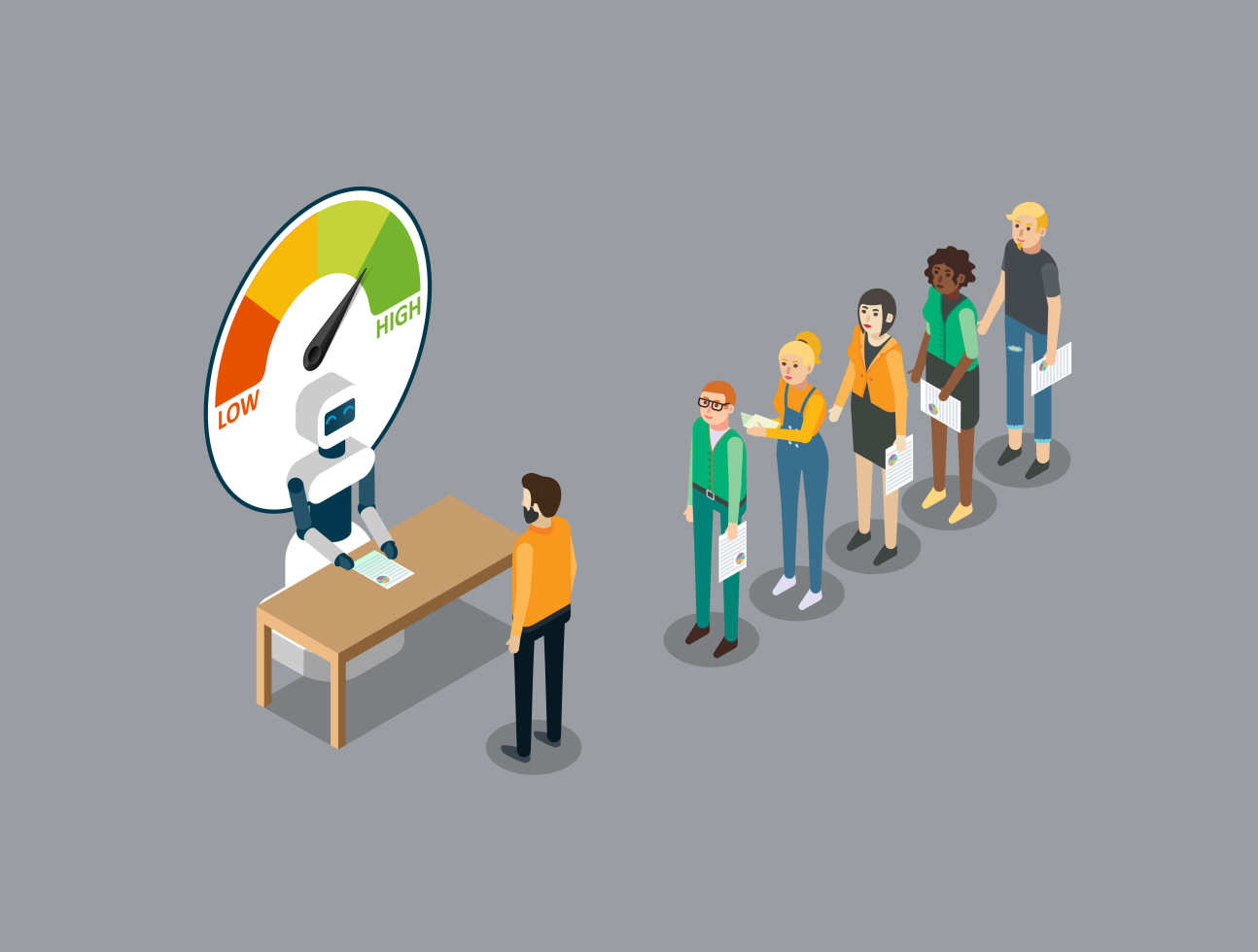 An illustration of a queue of people lining up to a robot at a desk