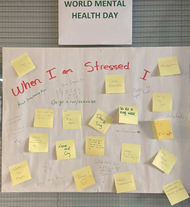 Photo of a board with post-it notes attached to it. The title is 'When I am stressed I...', and each post-it note contributes a strategy for managing stress.