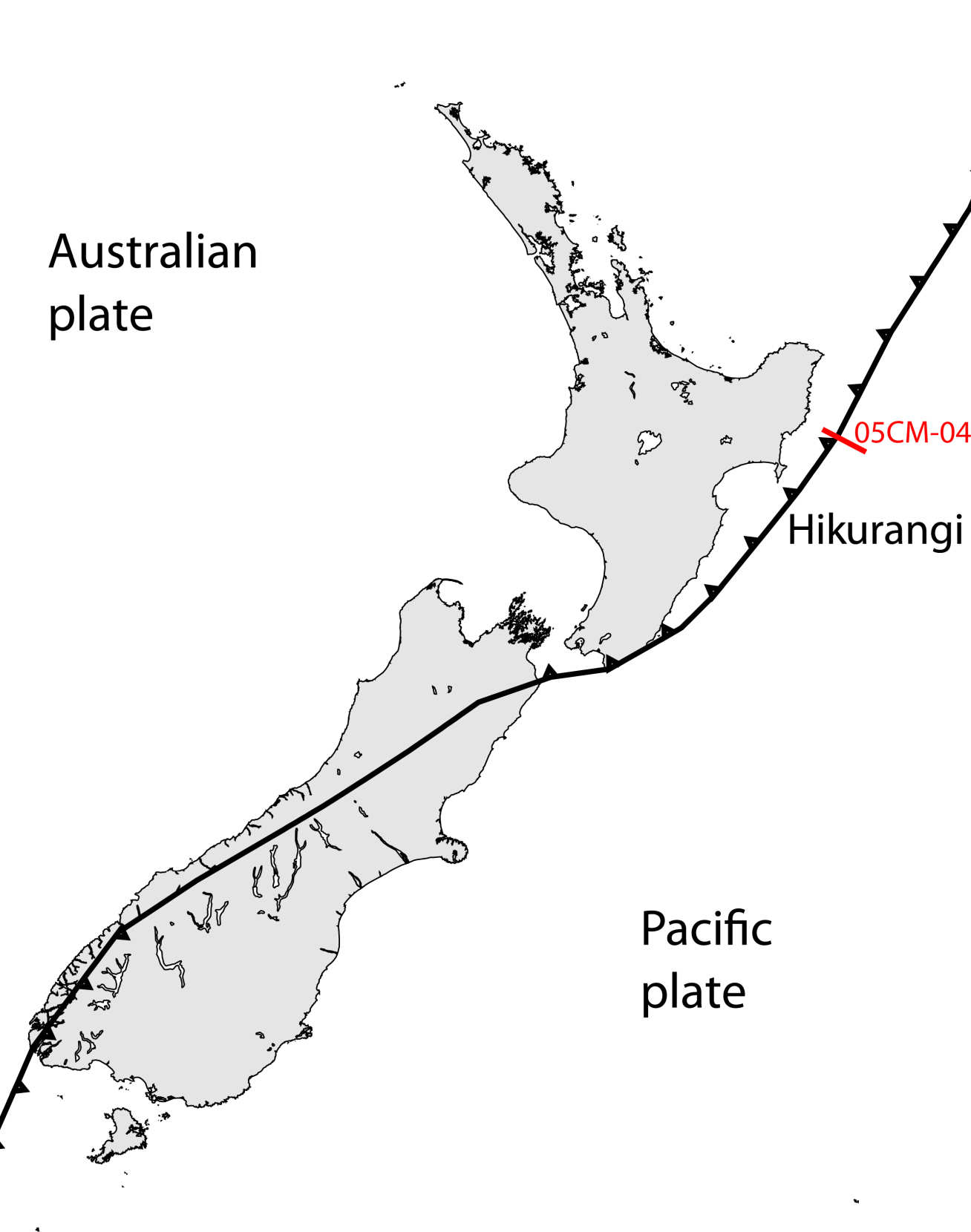 Plate boundary under New Zealand, showing the Hikurangi subduction zone near the north island.