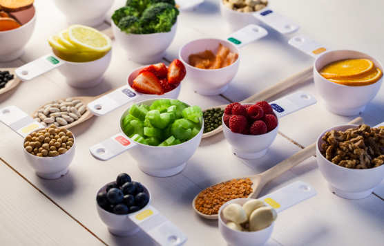 Portions of healthy food in a laboratory setting