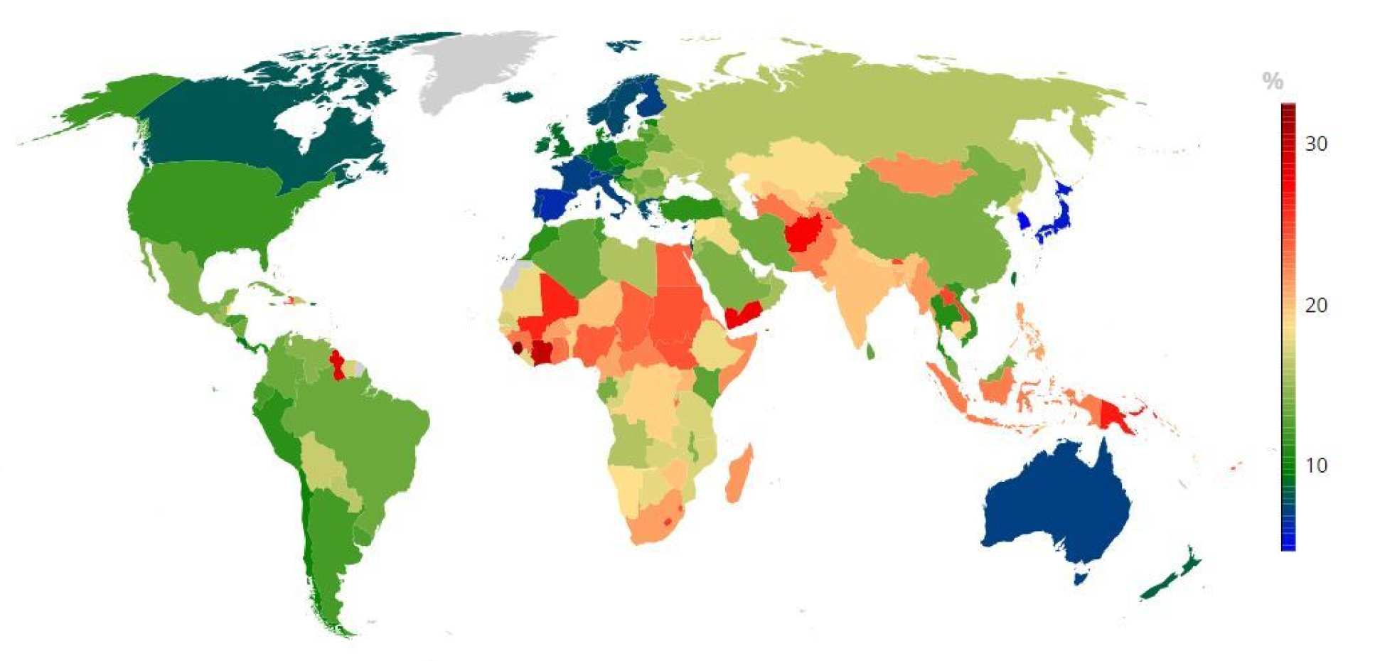 World map showing the probability of dying early from chronic disease between 30 and 70 years of age