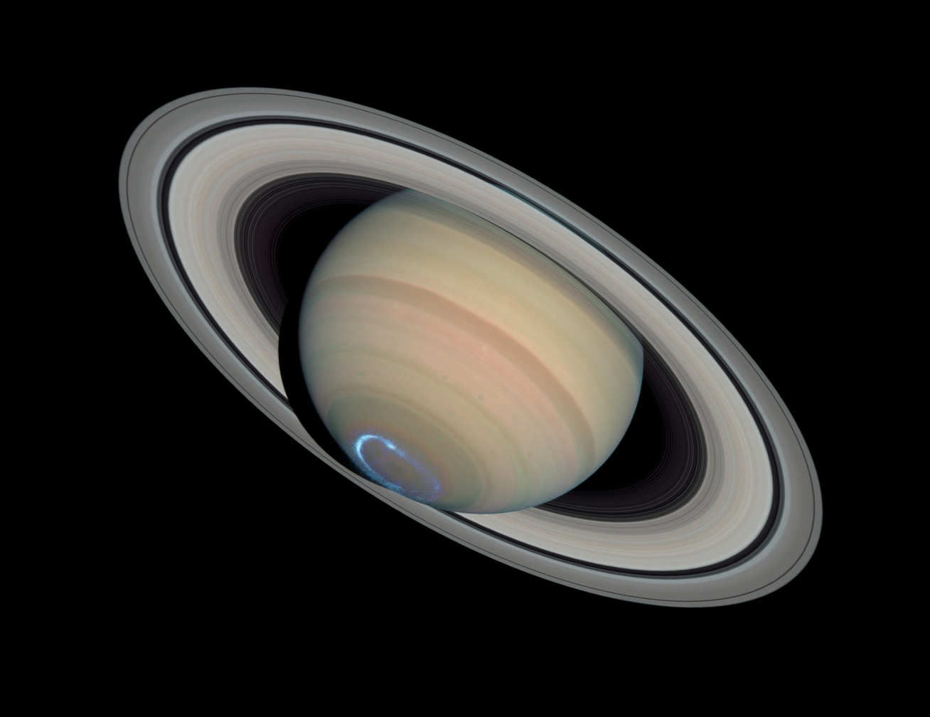 Saturn with a blue-white ring around the south pole