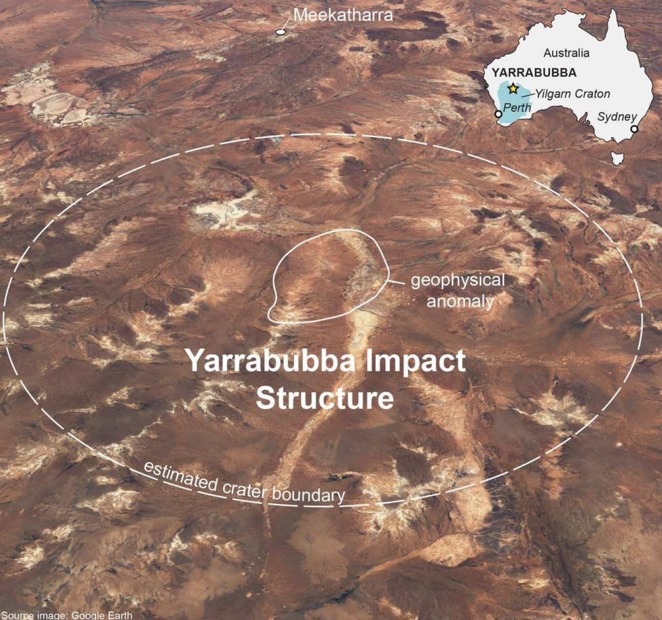 Photo of the Yarrabubba impact structure from above, and its place in Australia