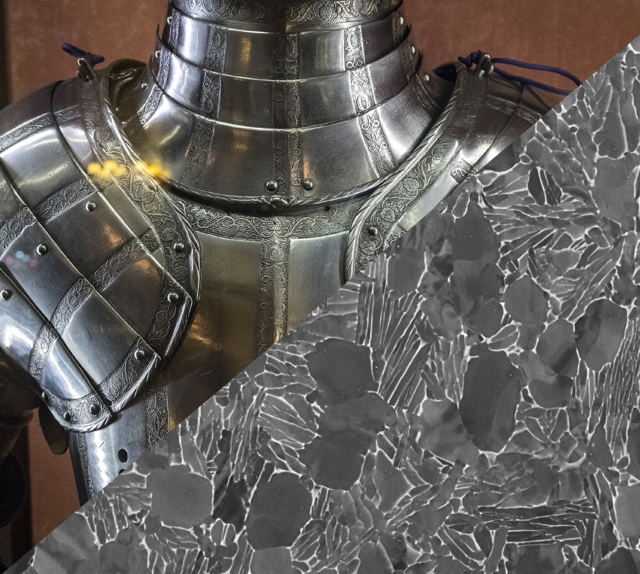 Composite image showing in top left sixteenth century armour and in bottom right an image of titanium alloy. The concept is progress in materials science.