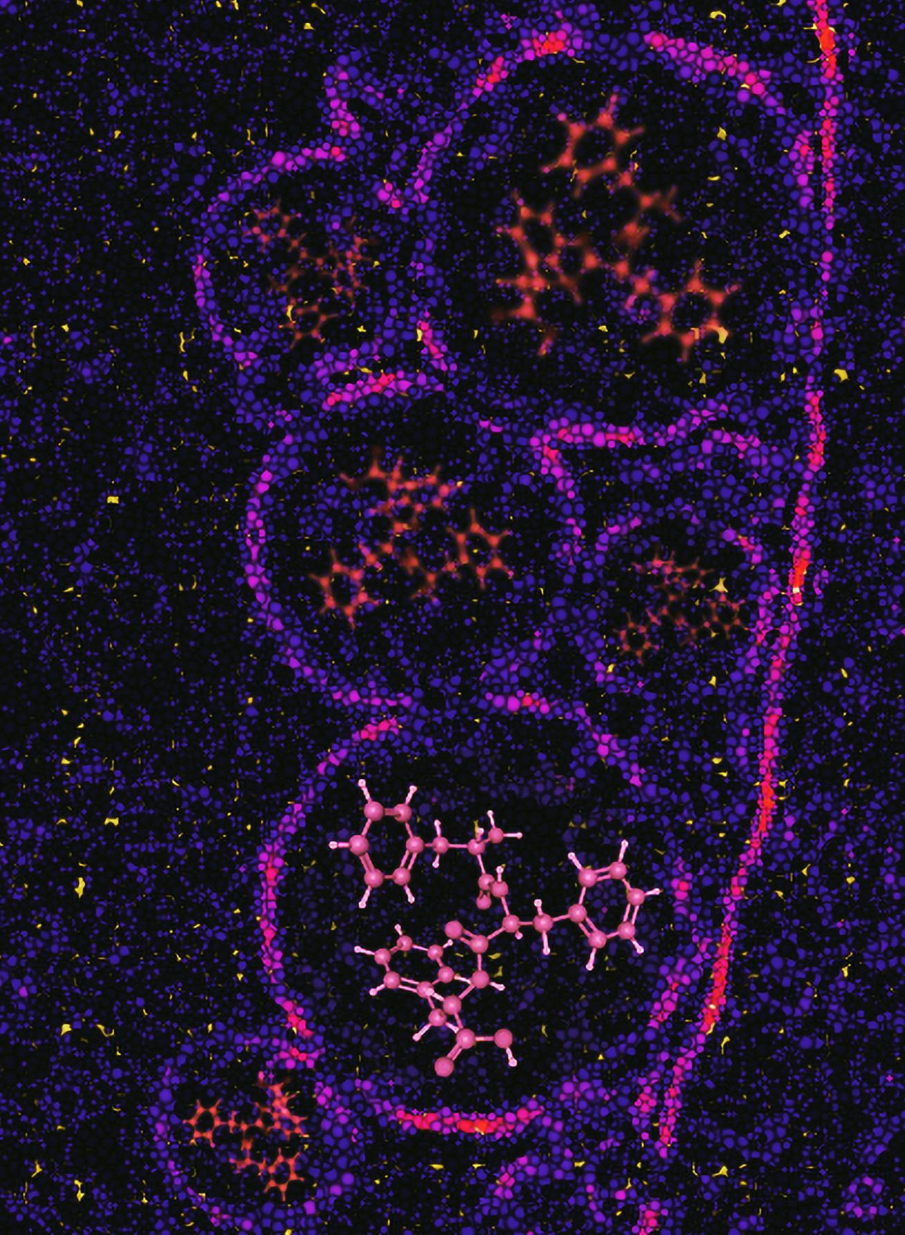 Artistic image showing brightly lit tumours in purple