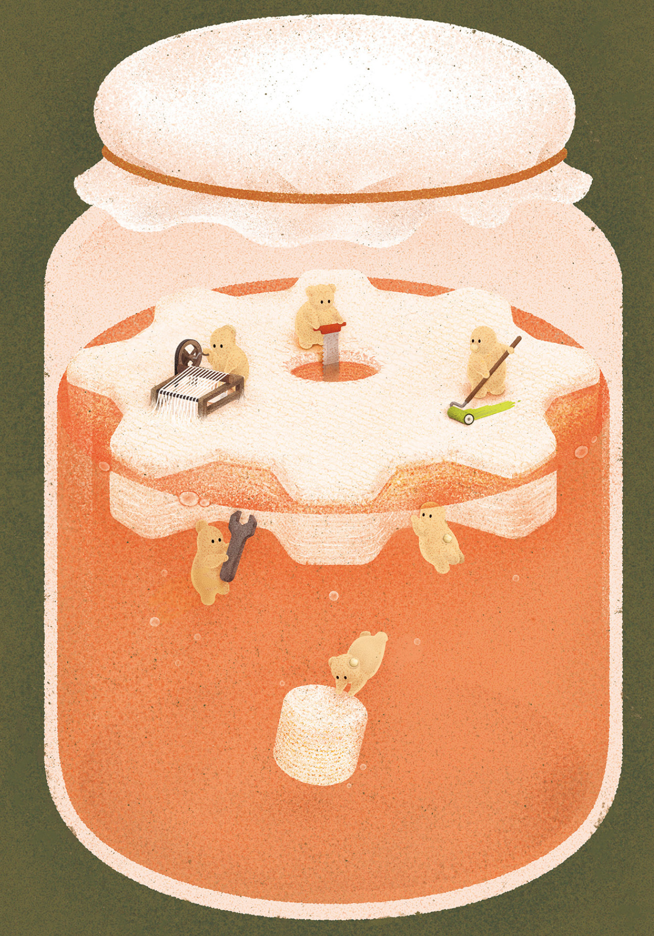 Drawing of a jar with orange liquid. The ELMs are depicted as tiny animals doing odd jobs like spinning fabric and wielding a spanner