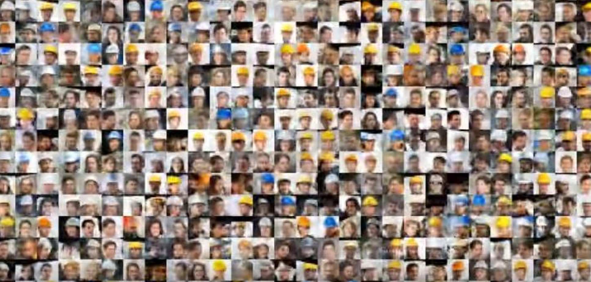 Picture of many tiny photos depicting the average engineer according to search engines. Many of the faces are white and have hard hats.