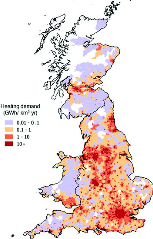 Heatmap showing the intensity of heating demand across Great Britain.