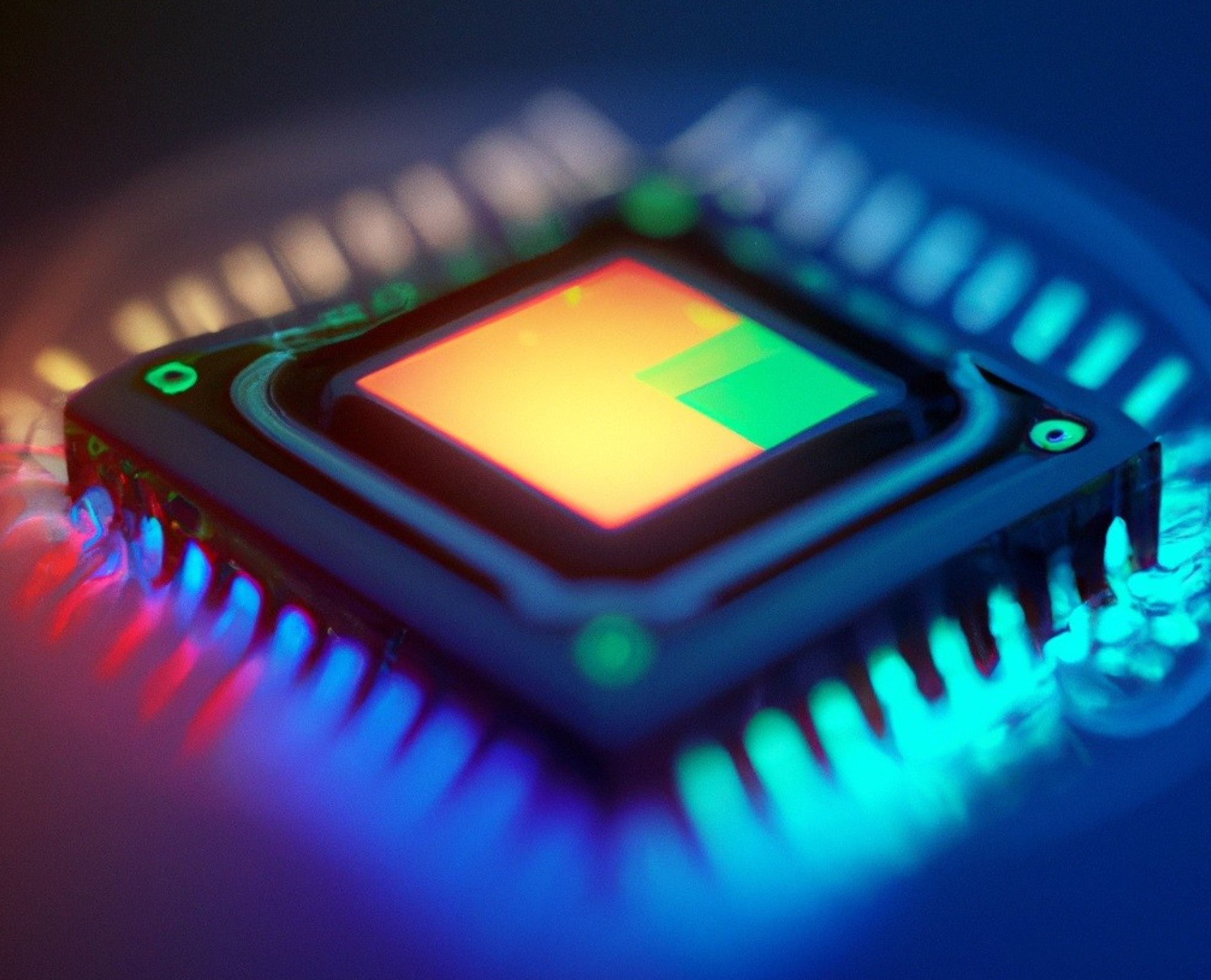 Illustration of a microchip with different colours emanating from its interior