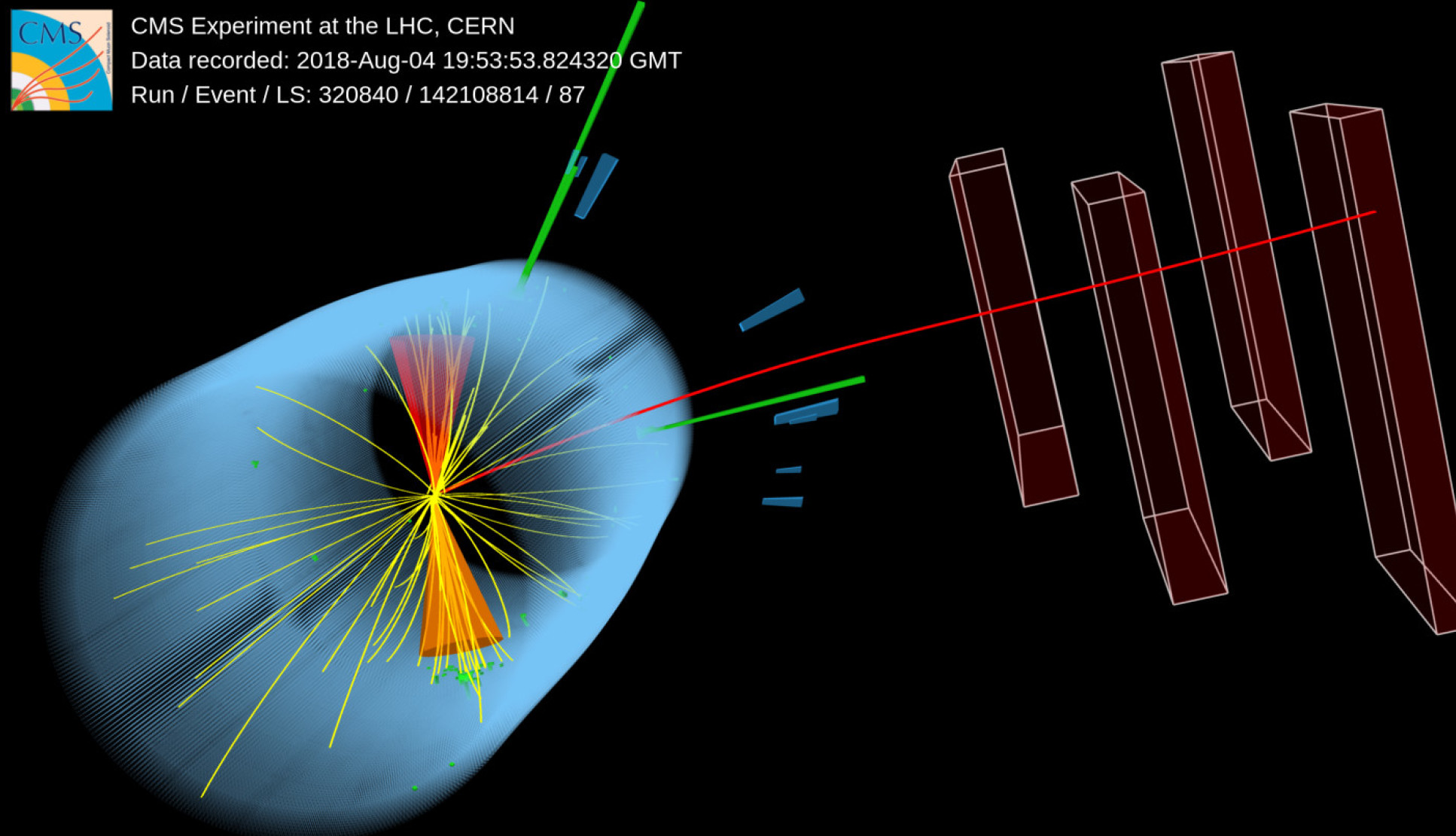 Visualisation of a collision inside the LHC, with lines showing the decay of the Higgs boson