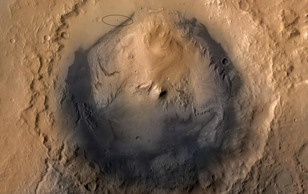 Birdseye view of Gale crater. Mount Sharp can be seen in the centre, and Curiosity's landing site circled in the top left.