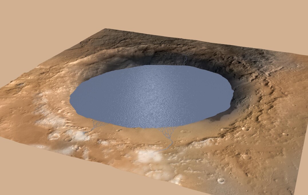Image of Mars' Gale crater filled with water, resembling a lake