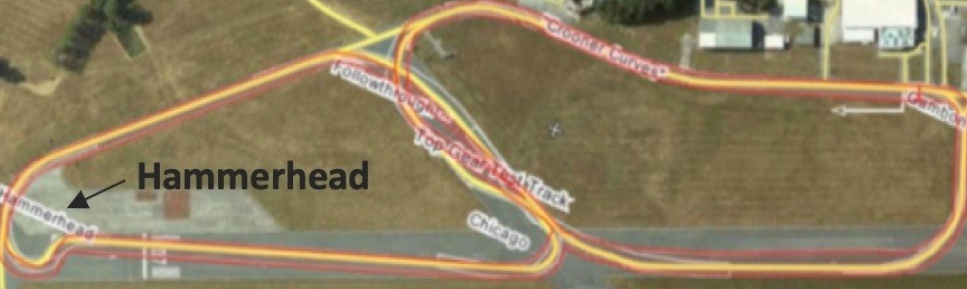 Birds eye view of the Top Gear racetrack and the highlighted race critical curve, the Hammerhead