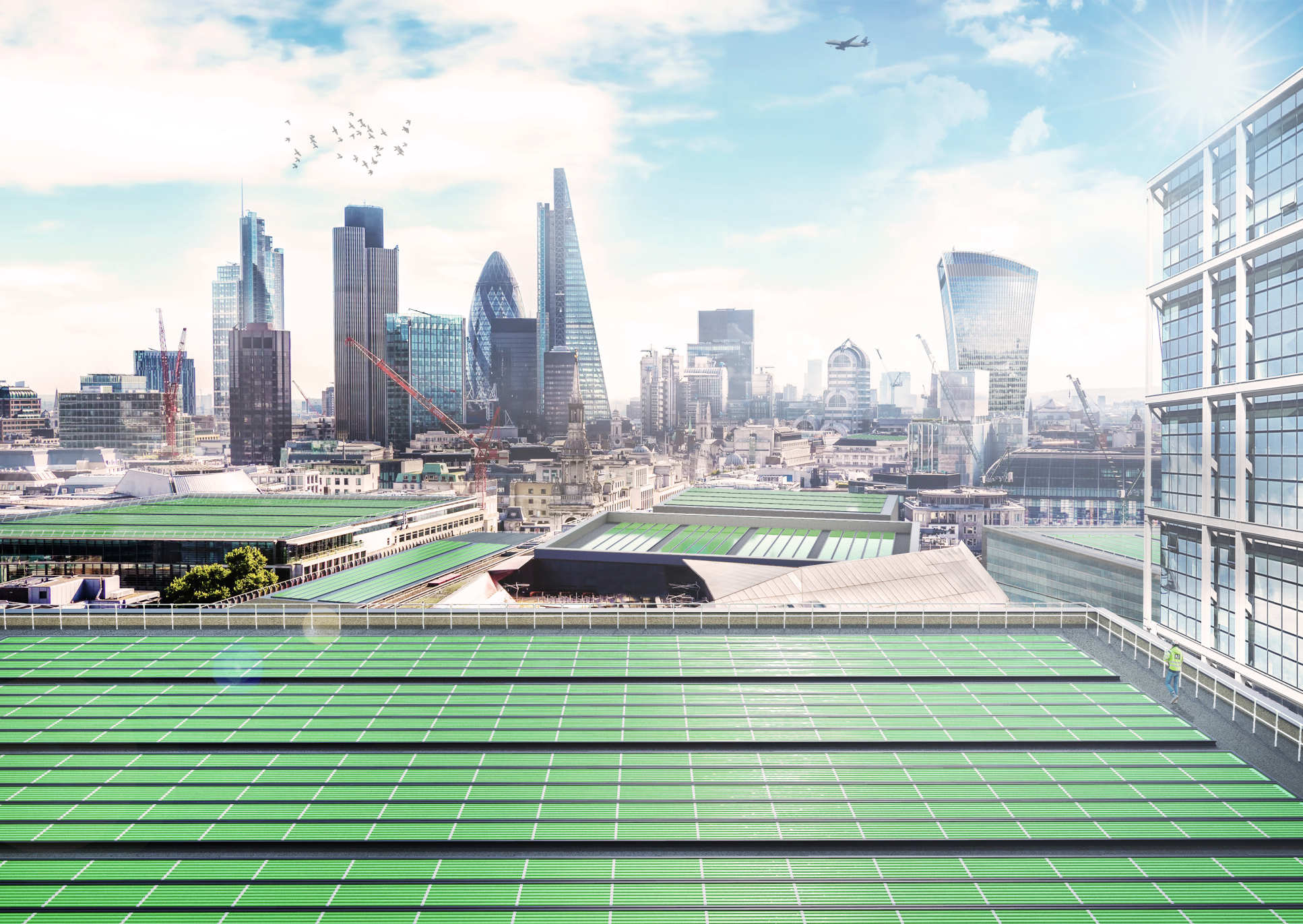 Artist impression of Arborea panels on London roofs (credit: Imperial College London // Thomas Glover)