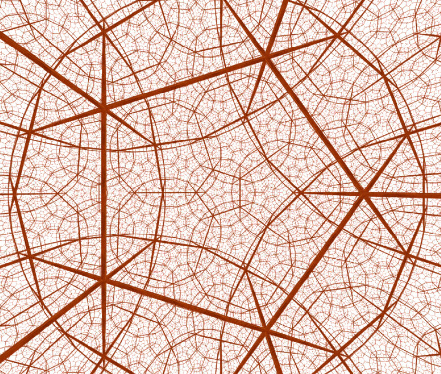 A perspective projection of a dodecahedral tessellation in H3. Four dodecahedra meet at each edge, and eight meet at each vertex, like the cubes of a cubic tessellation in E3.