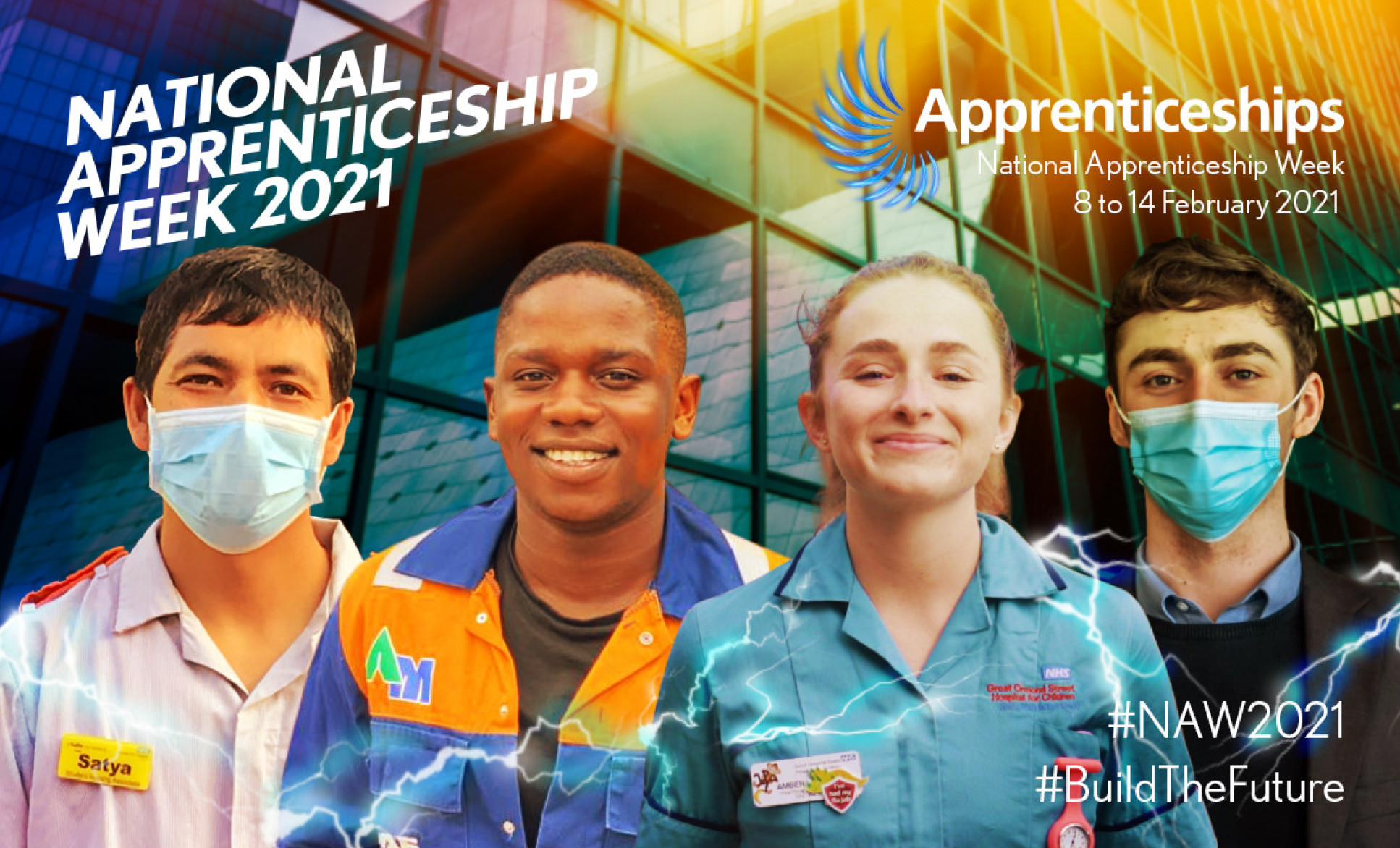 A banner for National Apprenticeships Week, showing four young people, with the dates of the national week - 8 to 14 February 2021