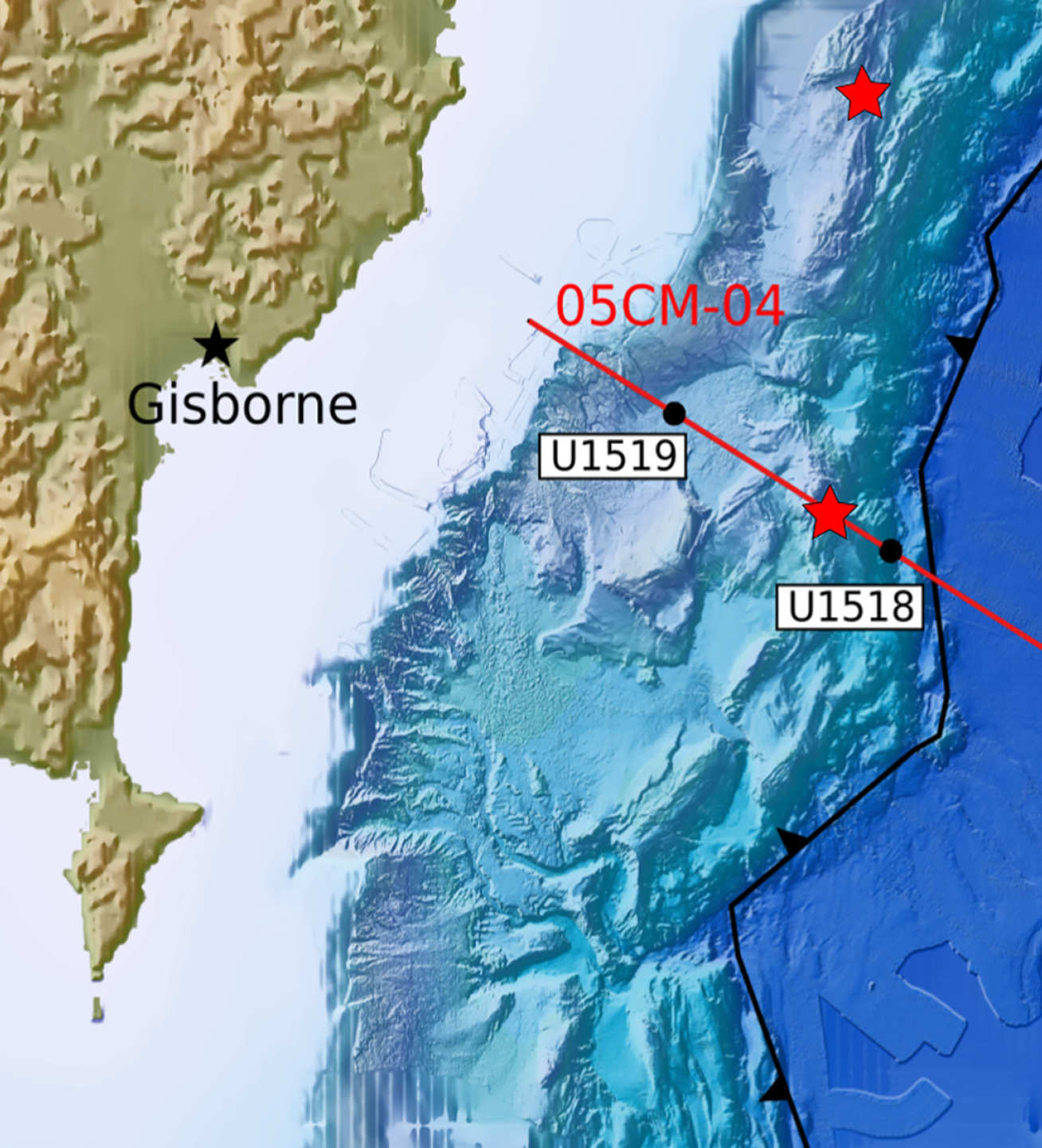 Map showing location of Gisborne city, the site of the tsunami-triggering 1947 earthquakes (red stars), and the Hikurangi subduction zone (black line)
