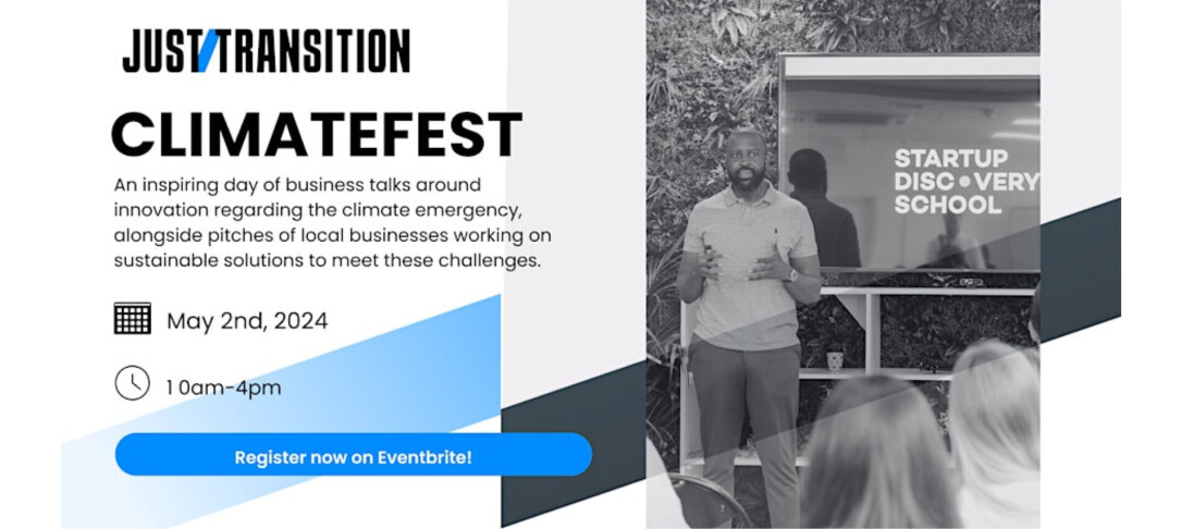 Event information for Just Transition Climate Fest - Startup Discovery School. Image includes person standing before a screen presenting to an audience at the Startup Discovery School