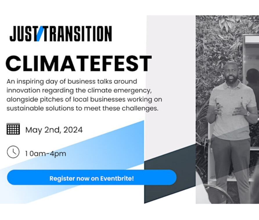 Event information for Just Transition Climate Fest - Startup Discovery School. Image includes person standing before a screen presenting to an audience at the Startup Discovery School