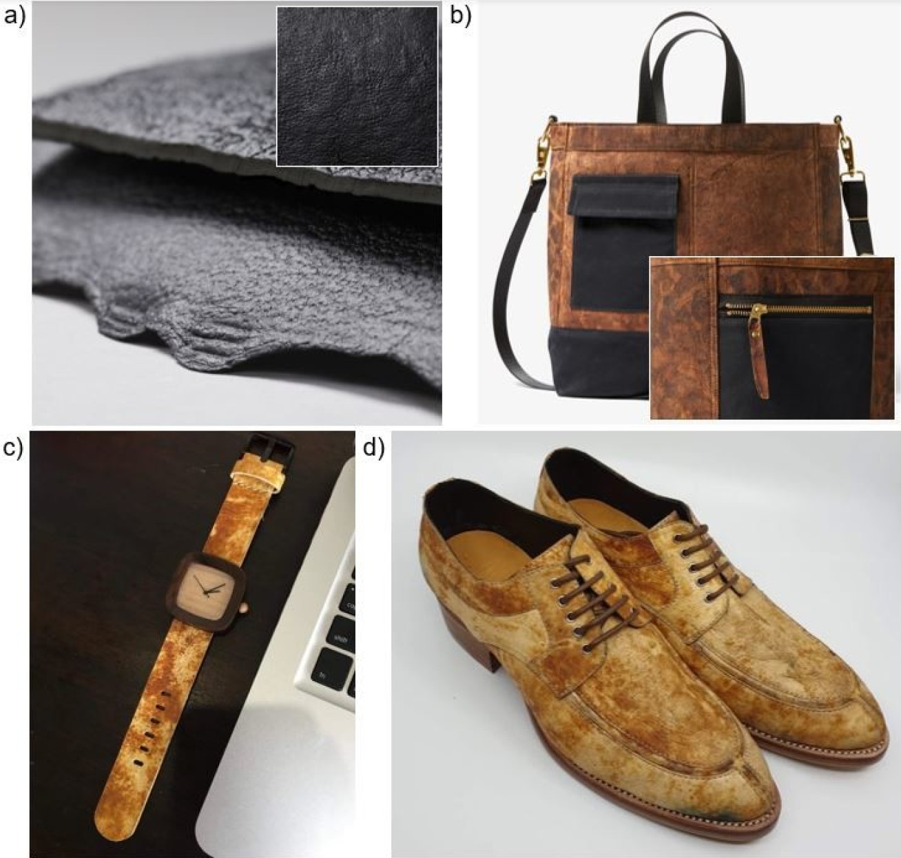 Photos of fungal leather used in a bag, a watch, and shoes