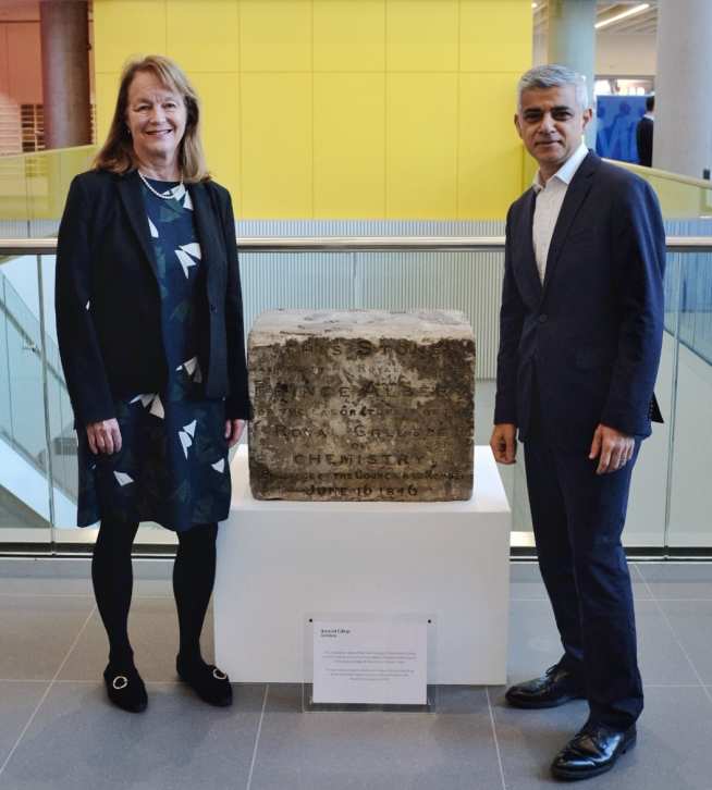 President Alice Gast and Mayor Sadiq Khan with Prince Albert's original Royal College of Chemistry foundation stone