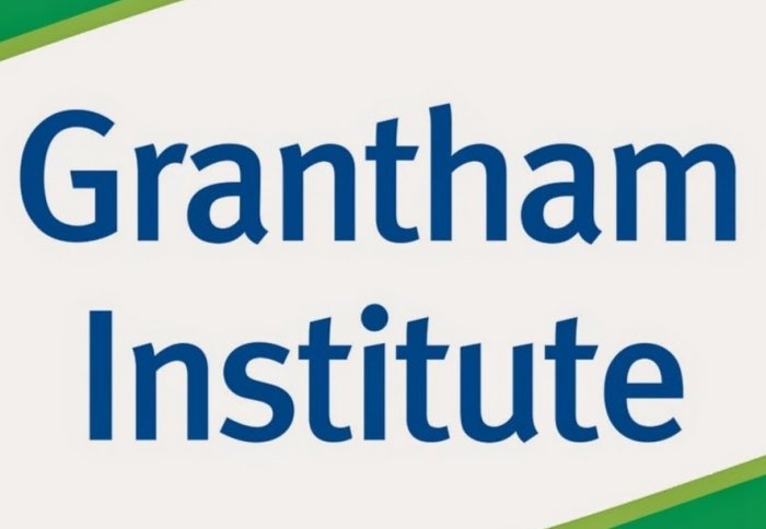 Grantham institute logo - blue text on white background with green border