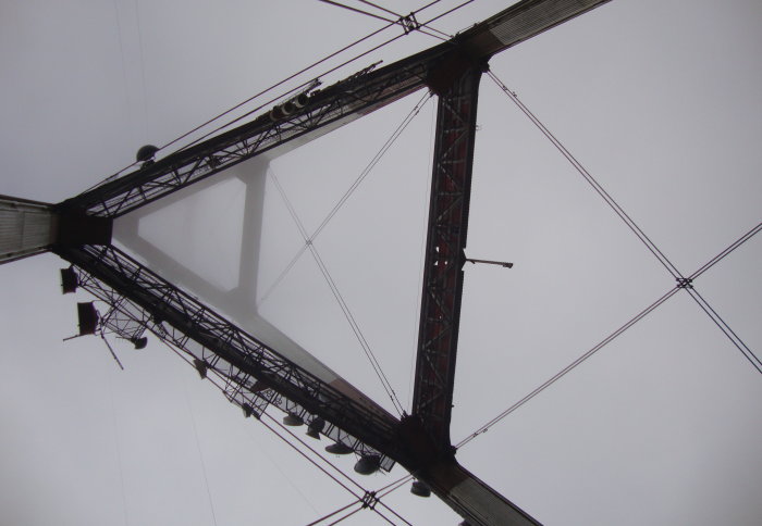 Looking up through a radio tower