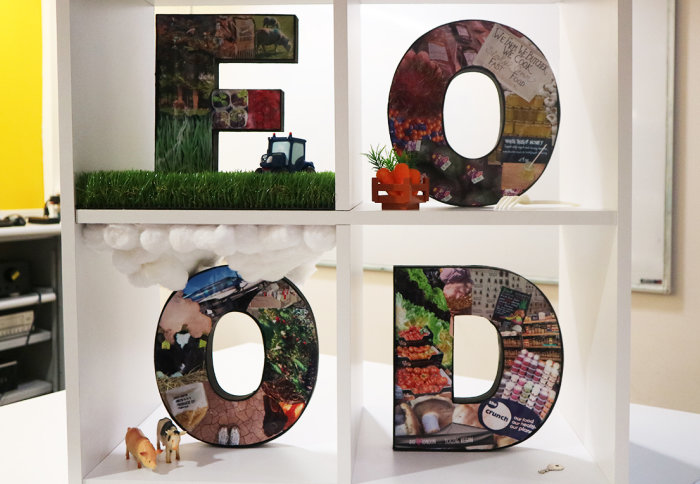 An exhibit spelling out the letters of the word 'food'