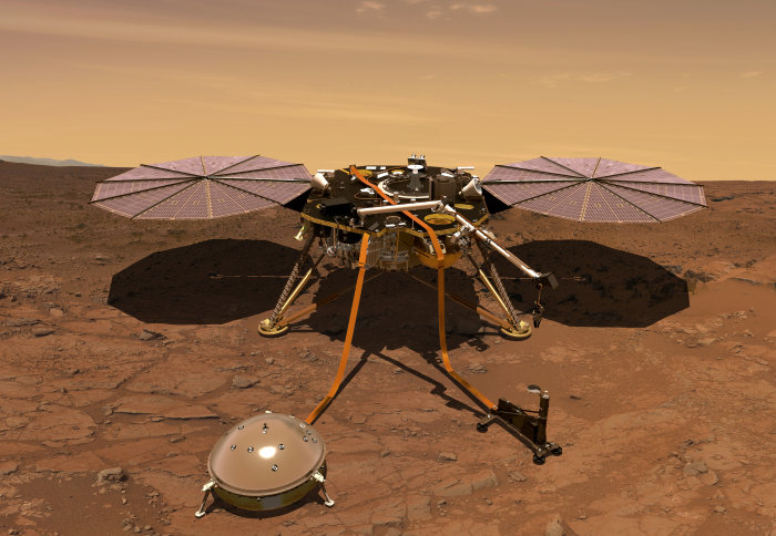 Artist's 3D rendition of the InSight lander on Mars' surface.