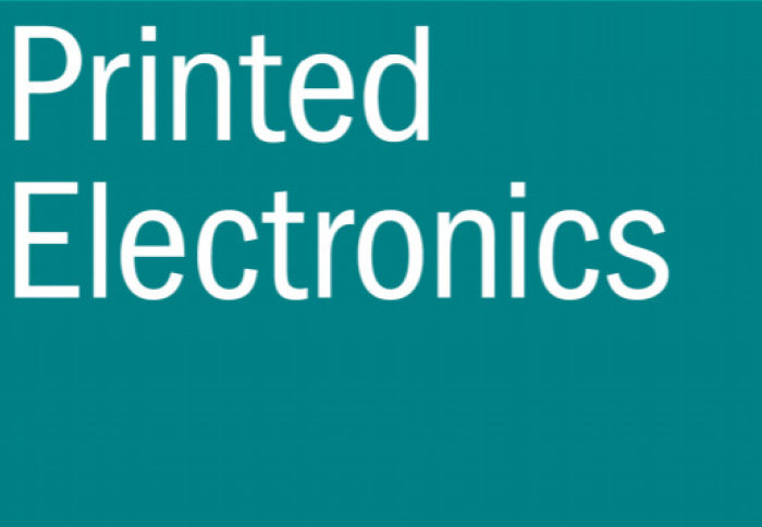 White text "printed electronics" on turquoise background