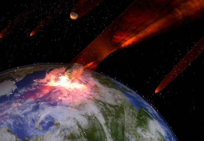 An illustration of a large asteroid strike on Earth.