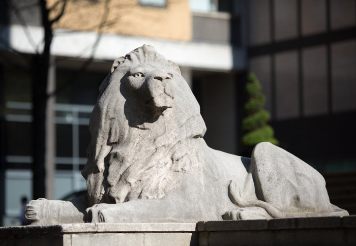 One of Imperial's stone lion mascots